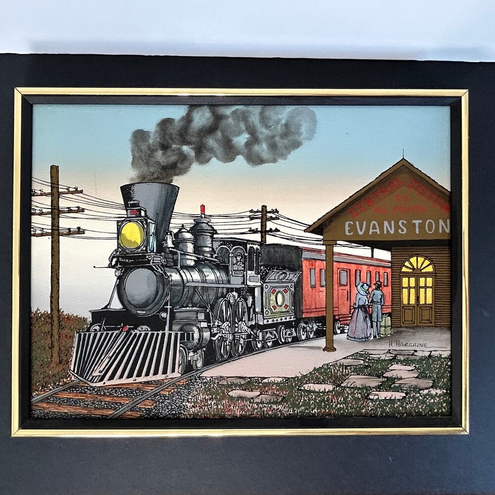 Vintage Train Station Wall Art H. Hargrove Evanston Framed Railroad 13x17